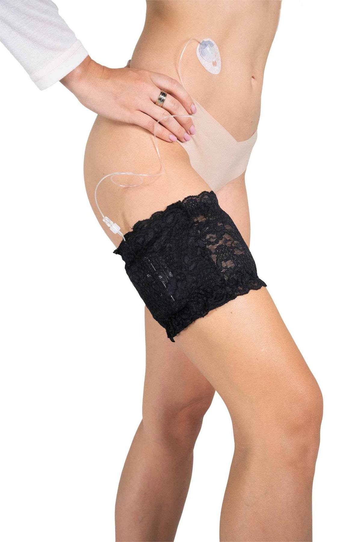 Pumpcases universal fit products including stretch lace garters, stretch belt, and cannula headband