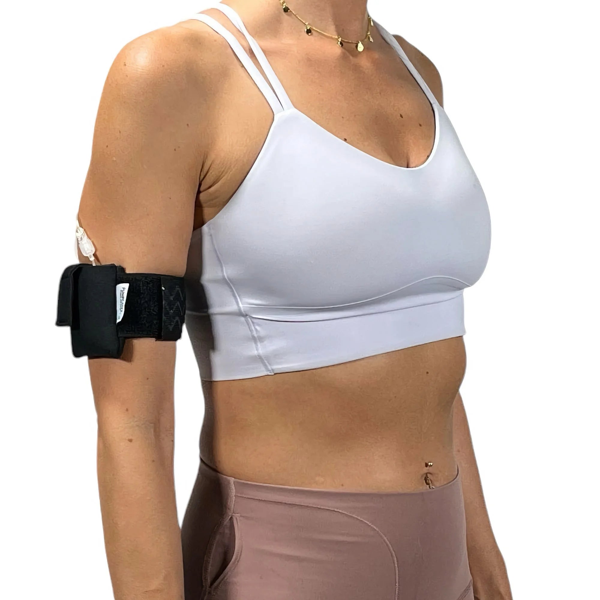 A woman wearing a Pumpcases black Tandem Diabetes Mobi compatible armband case.