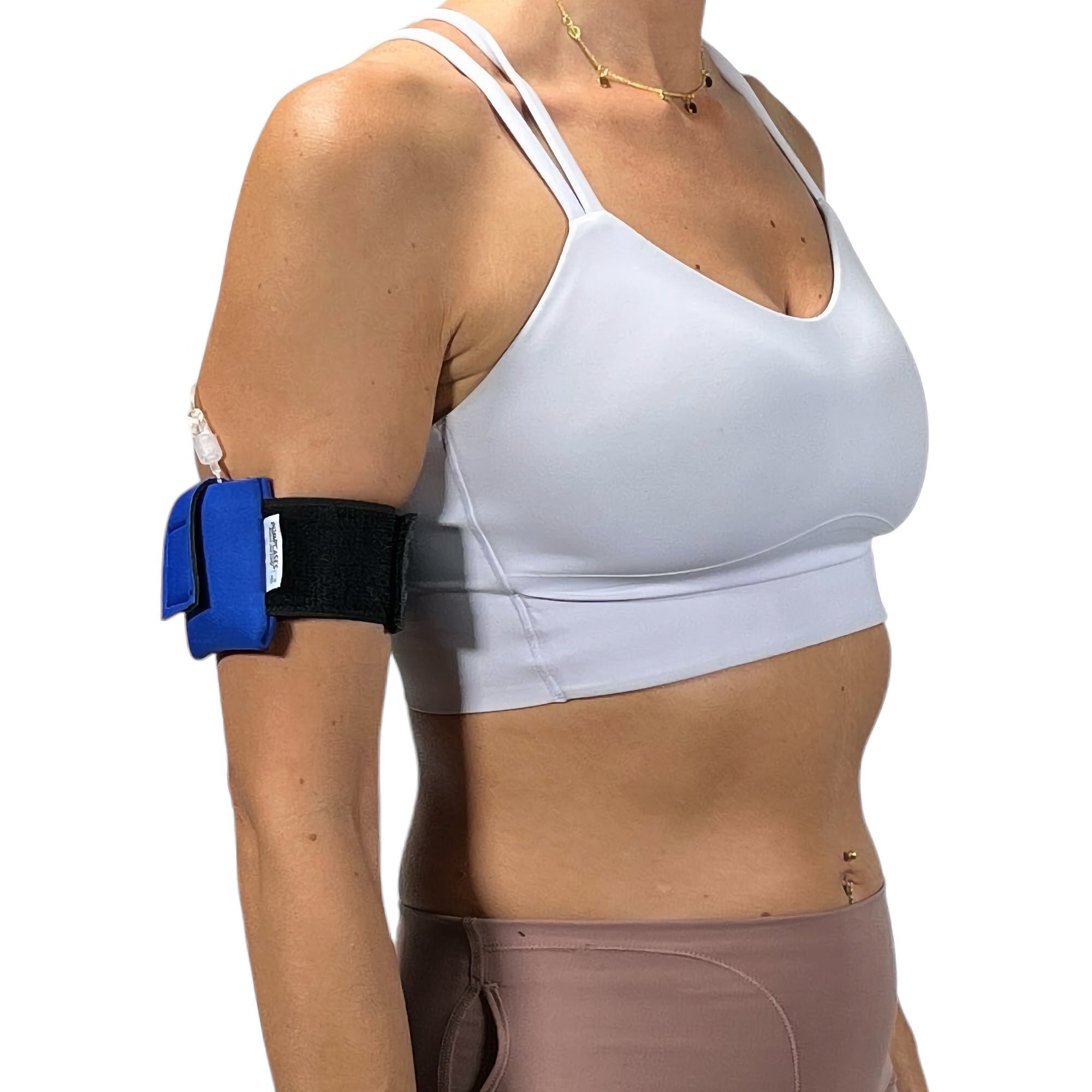 A woman wearing a Pumpcases blue Tandem Diabetes Mobi compatible armband case.