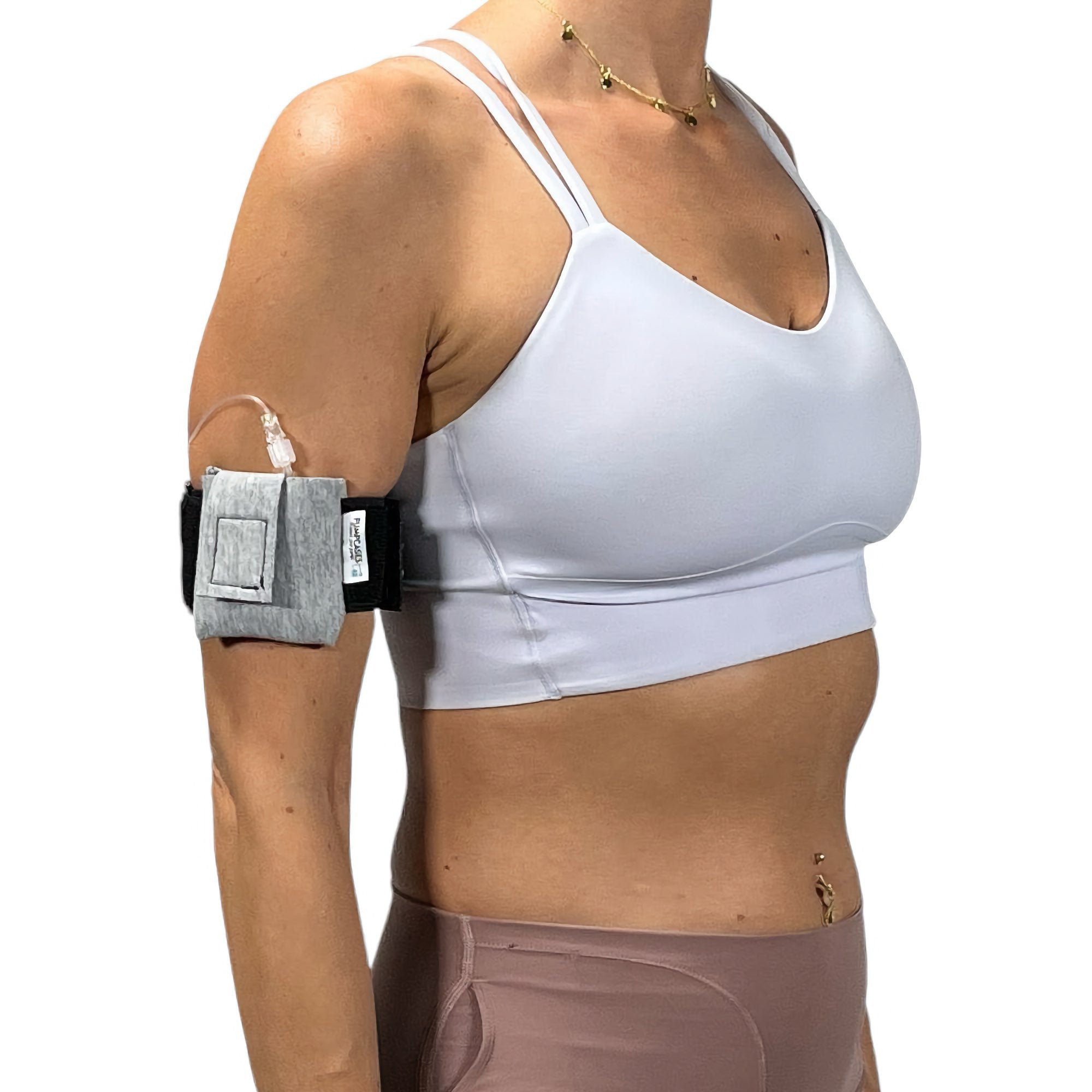 A woman wearing a Pumpcases heather gray Tandem Diabetes Mobi compatible armband case.