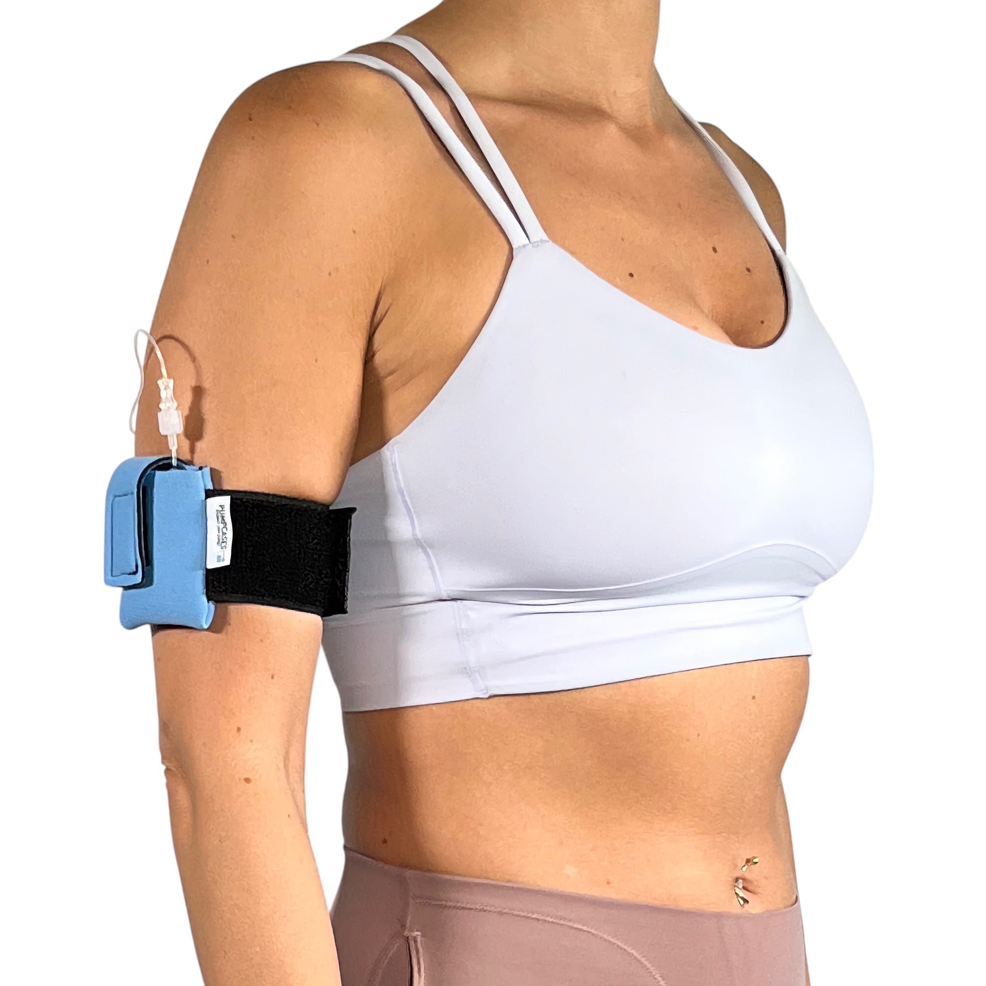 A woman wearing a Pumpcases sky blue Tandem Diabetes Mobi compatible armband case.