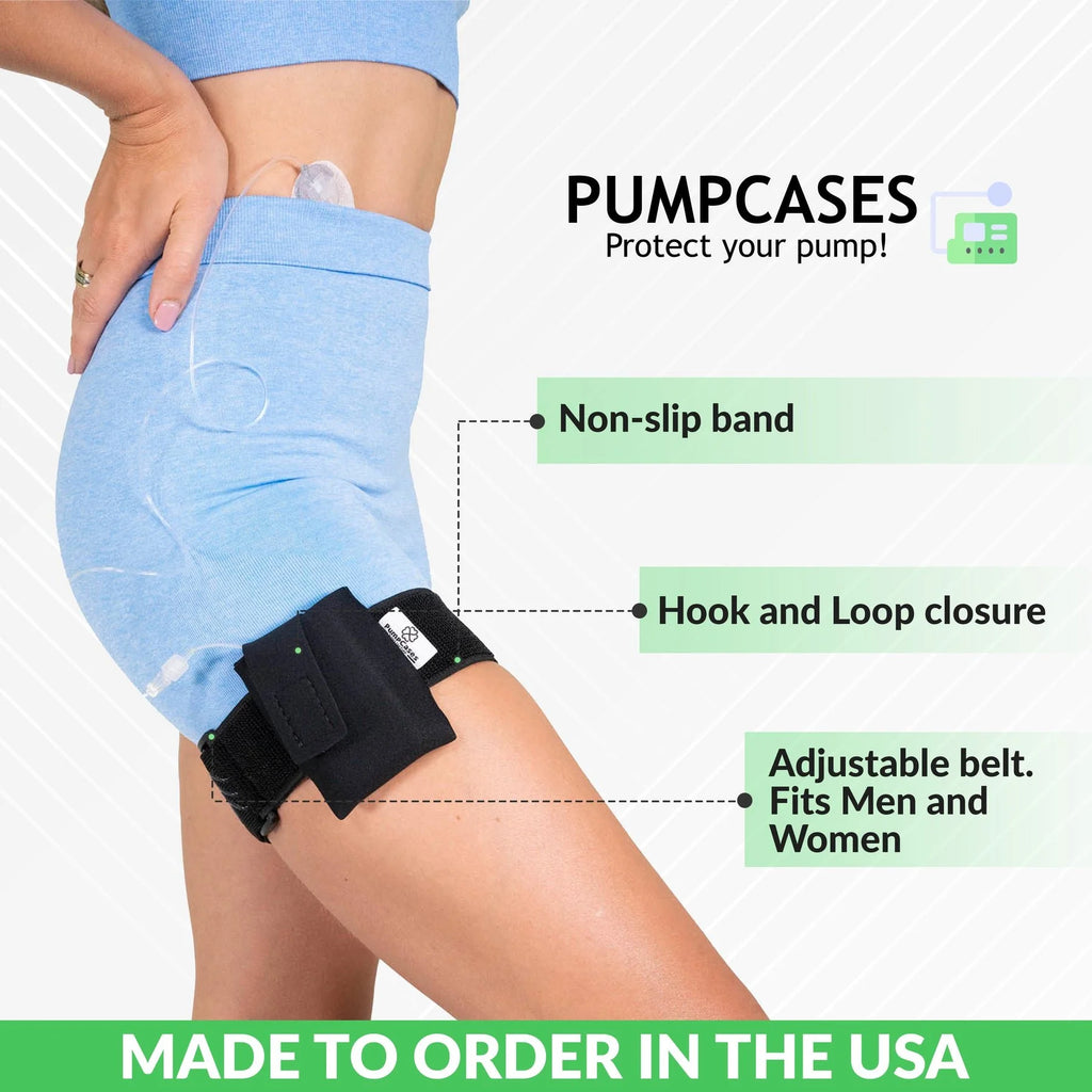 A person wearing a Pumpcases black thighband with Pumpcases features on a white background