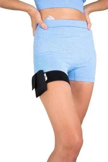 A front-facing person wearing a Pumpcases Adjustable Thighband Black Insulin Pump Case on a white background