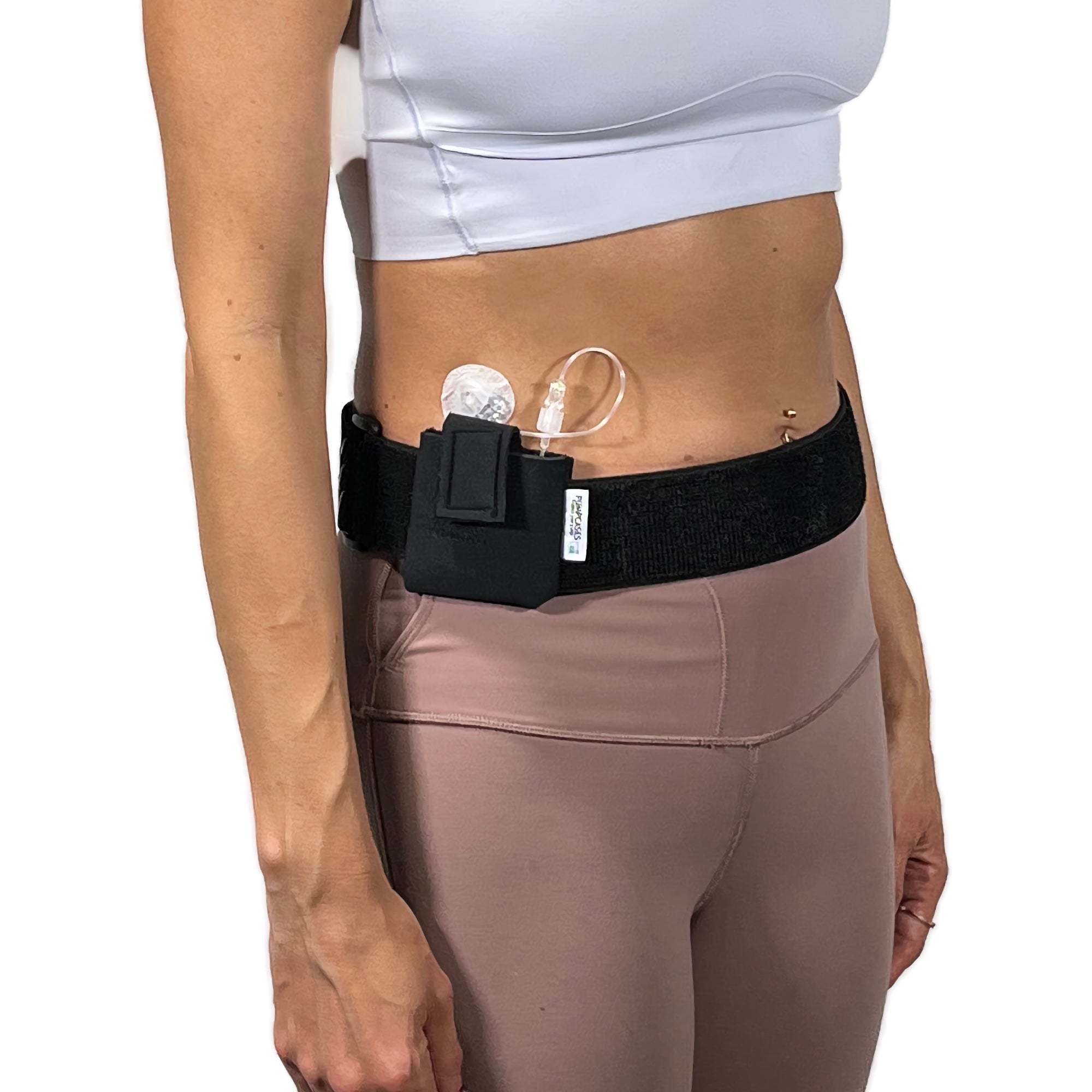 A woman wearing a Pumpcases Mobi black waist belt case on a white background.