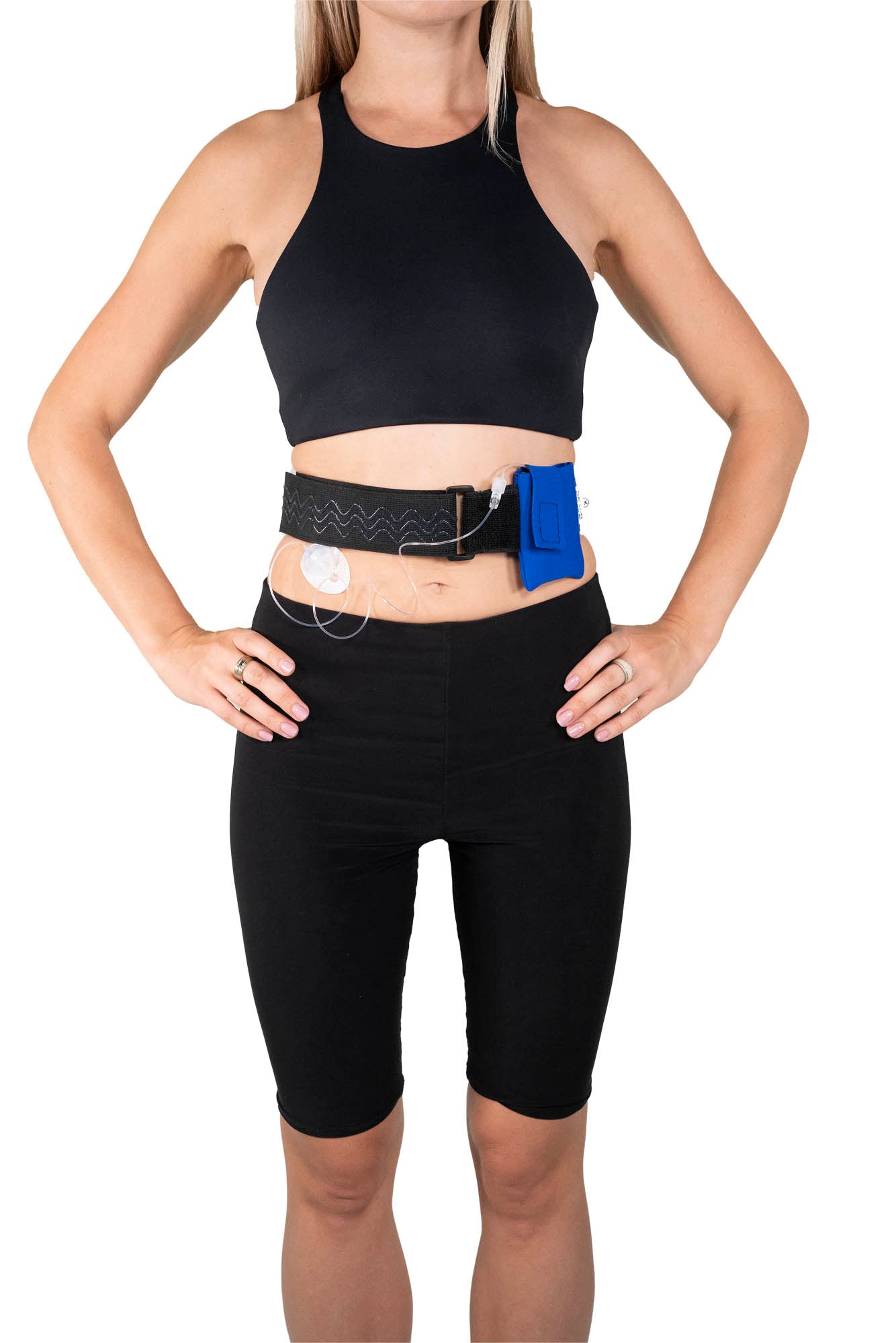 A woman wearing a Pumpcases blue waist belt case on a white background.