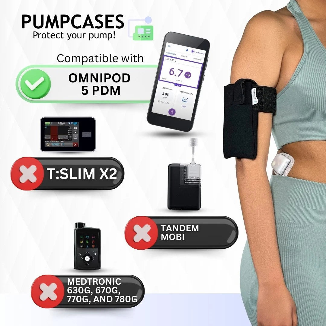 A woman wearing a Pumpcases black armband with Omnipod 5 PDM compatibility features on a white background.