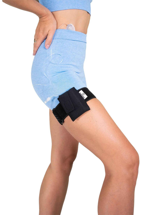 Side view of a person wearing a black Pumpcases adjustable thighband case for the Beta Bionics iLet Bionic Pancreas Color Screen, on a white background