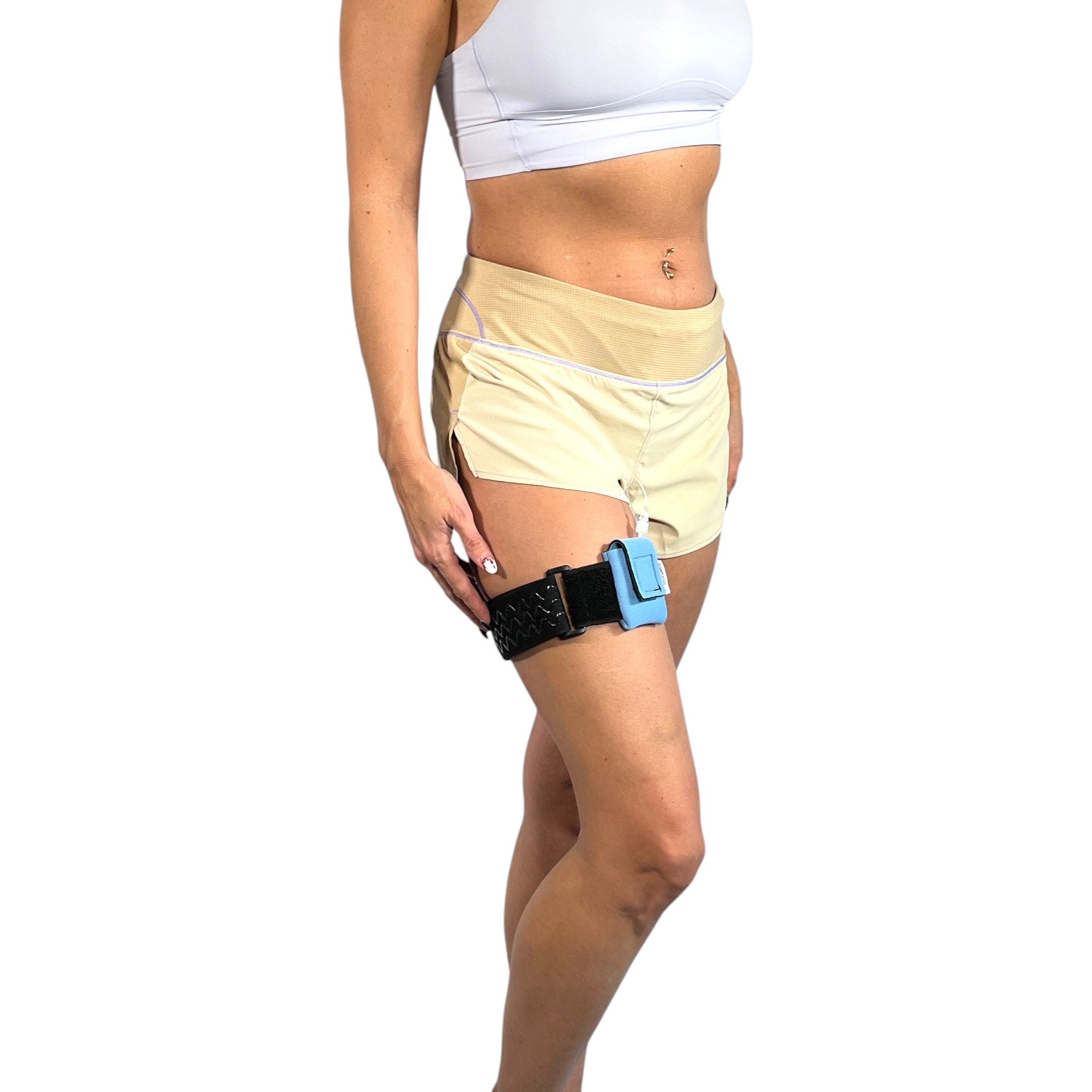 A woman wearing a Pumpcases sky blue Tandem Diabetes Mobi compatible thighband case.