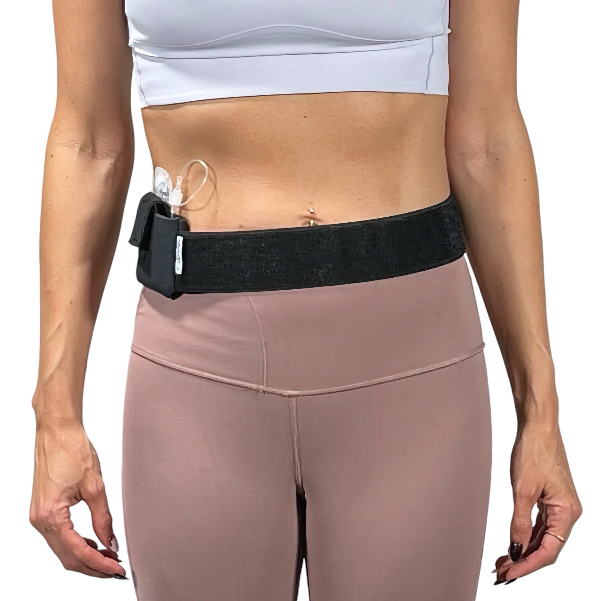 A woman wearing a Pumpcases Mobi black waist belt case on a white background.