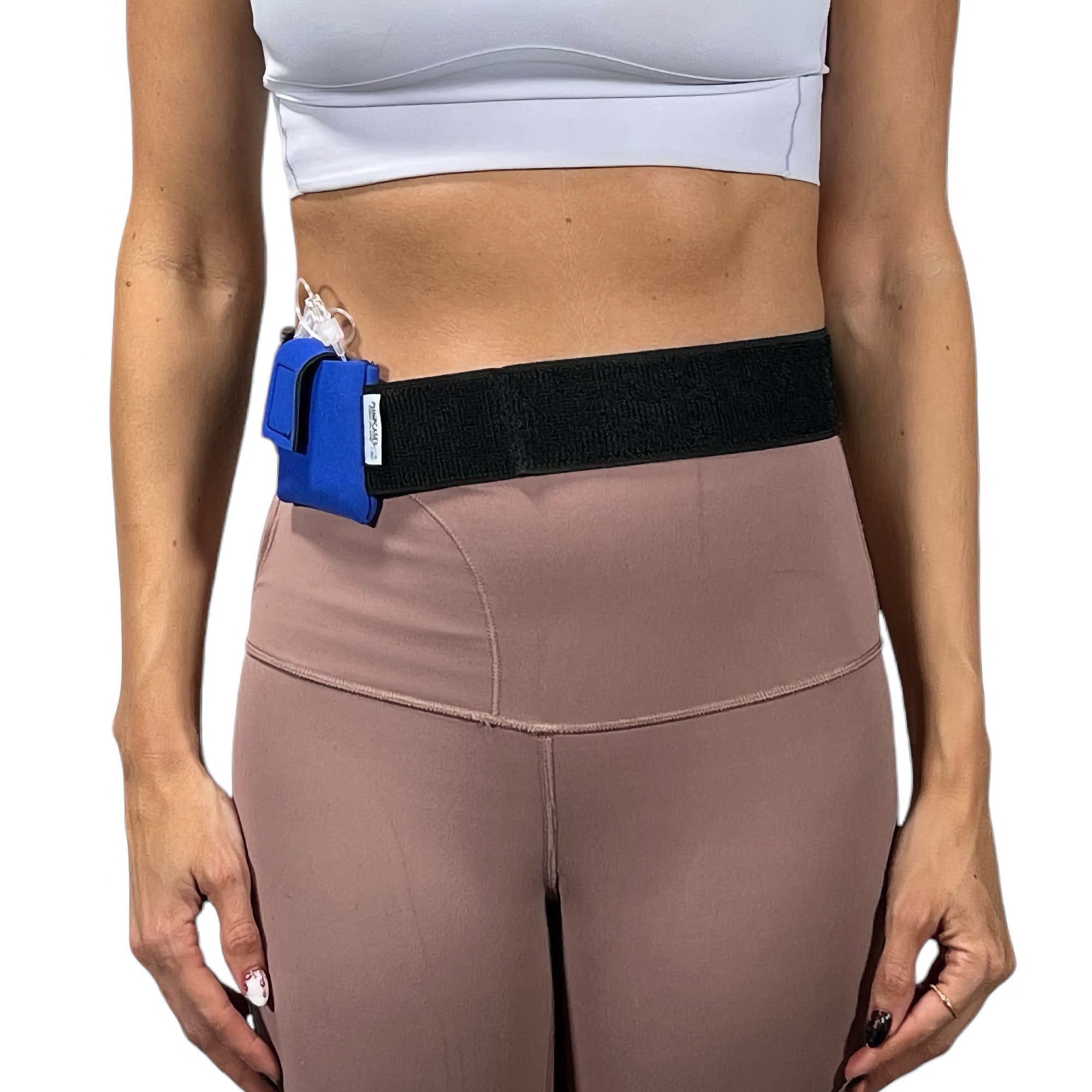 A woman wearing a Pumpcases Mobi blue waist belt case on a white background.