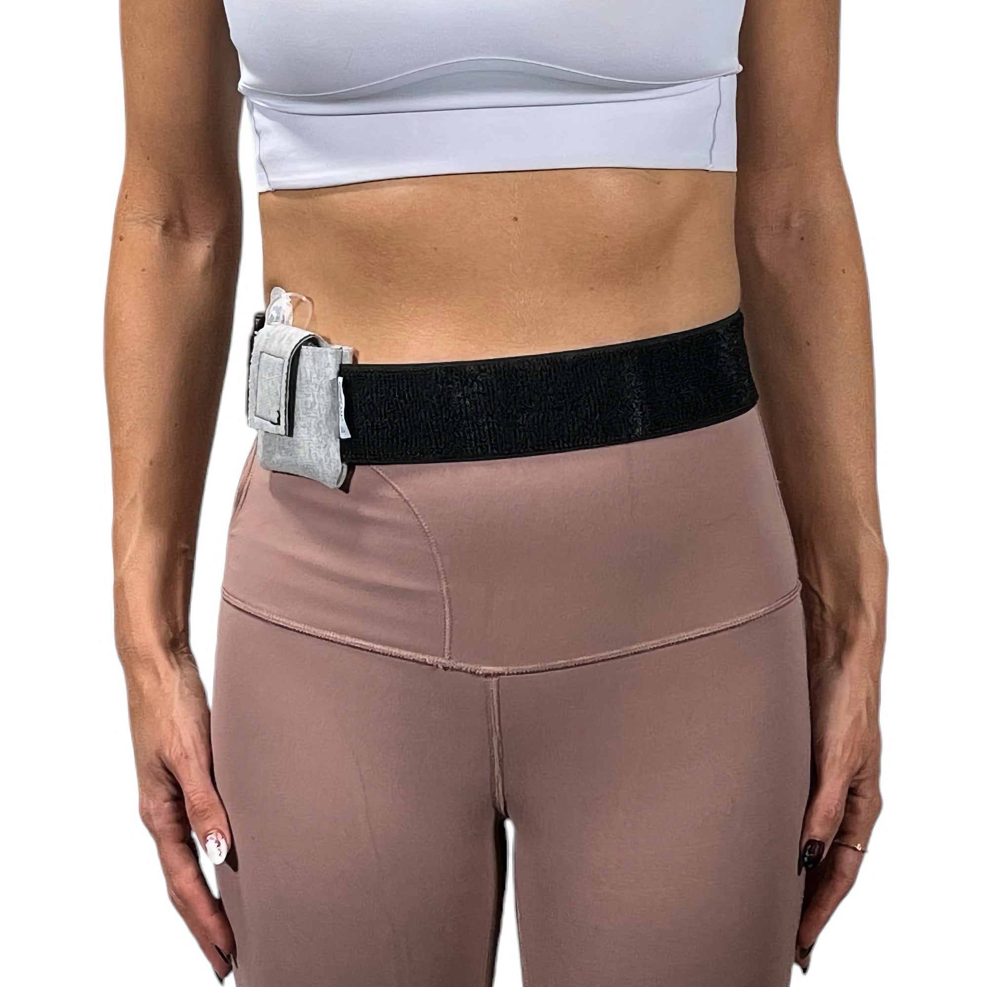 A woman wearing a Pumpcases Mobi heather gray waist belt case on a white background.