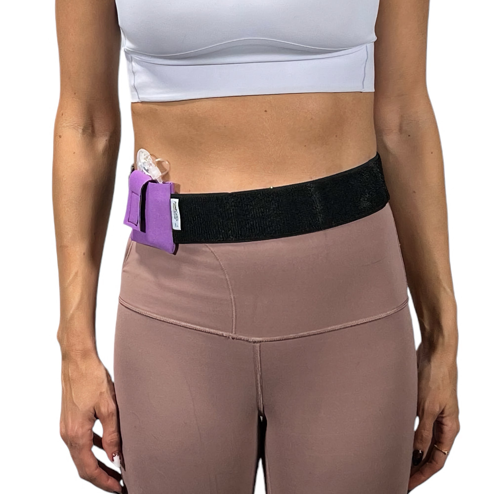 A woman wearing a Pumpcases Mobi lavender waist belt case on a white background.