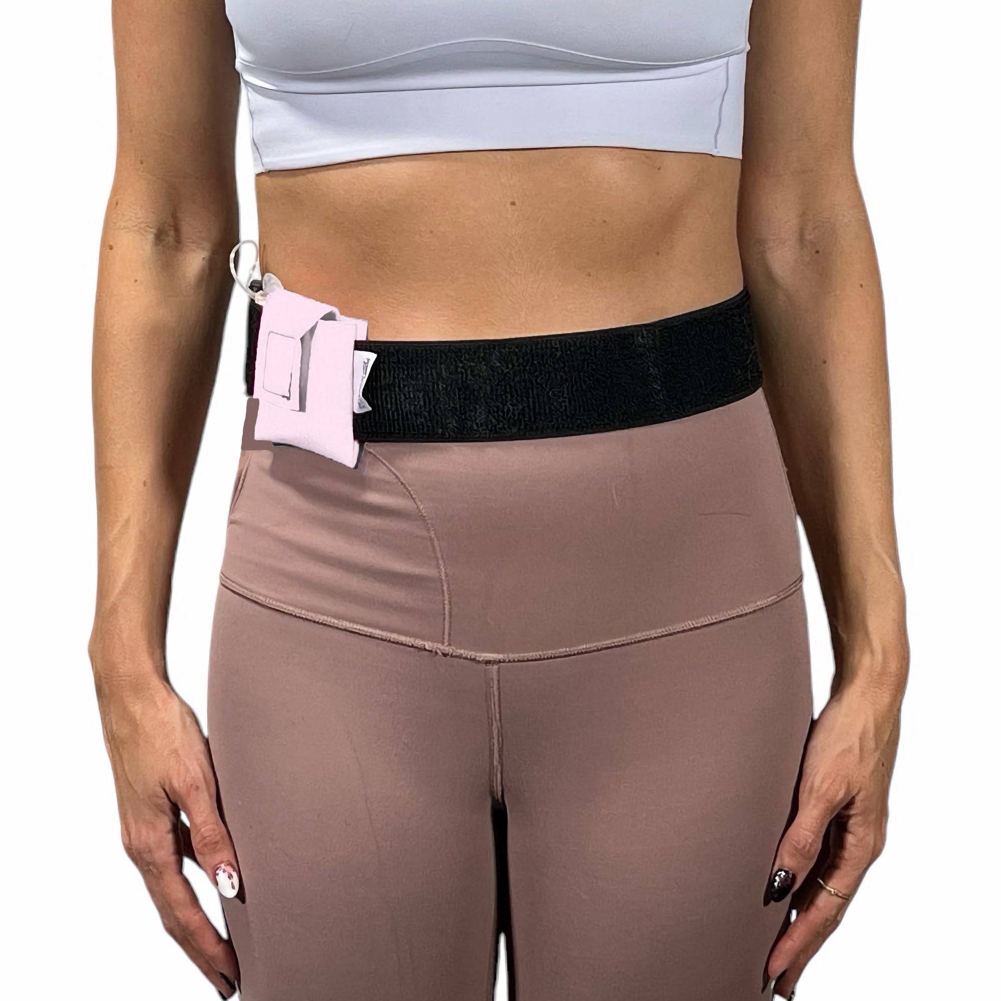A woman wearing a Pumpcases Mobi rose pink waist belt case on a white background.