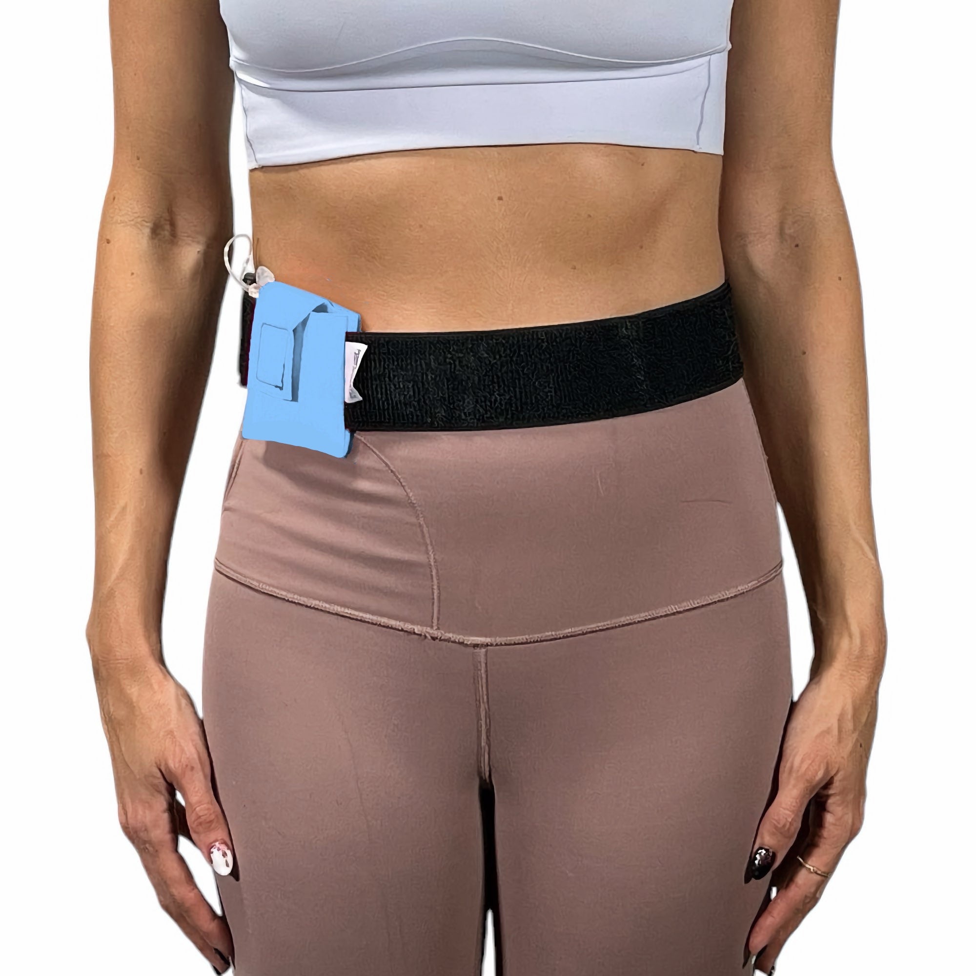 A woman wearing a Pumpcases Mobi sky blue waist belt case on a white background.
