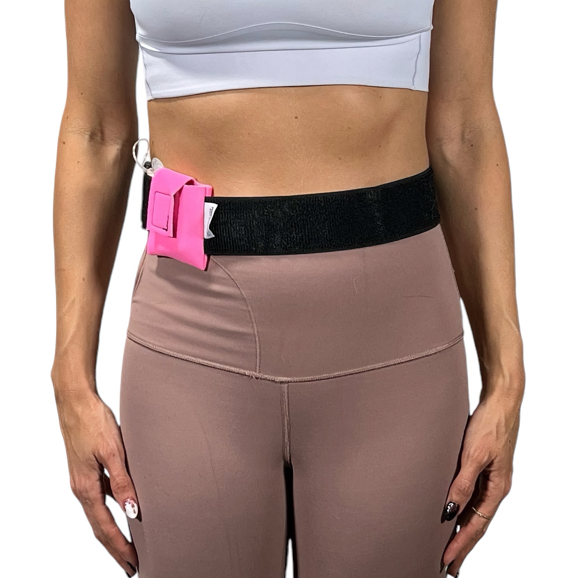 A woman wearing a Pumpcases Mobi pink waist belt case on a white background.