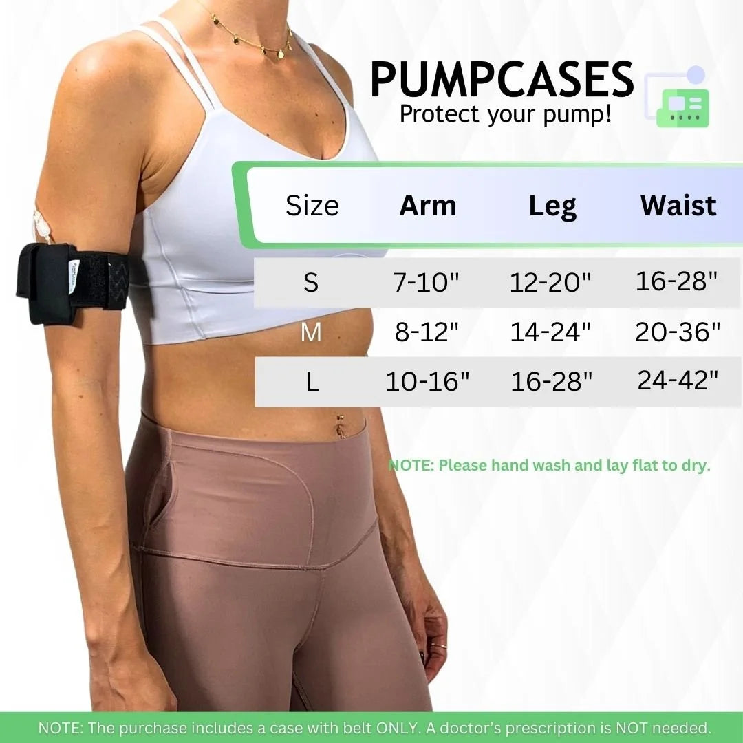 A woman wearing a Pumpcases armband with a Pumpcases size chart displayed.