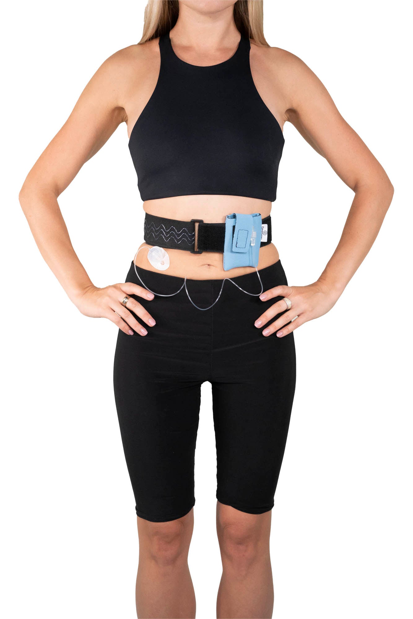 A woman wearing a Pumpcases sky blue waist belt case on a white background.