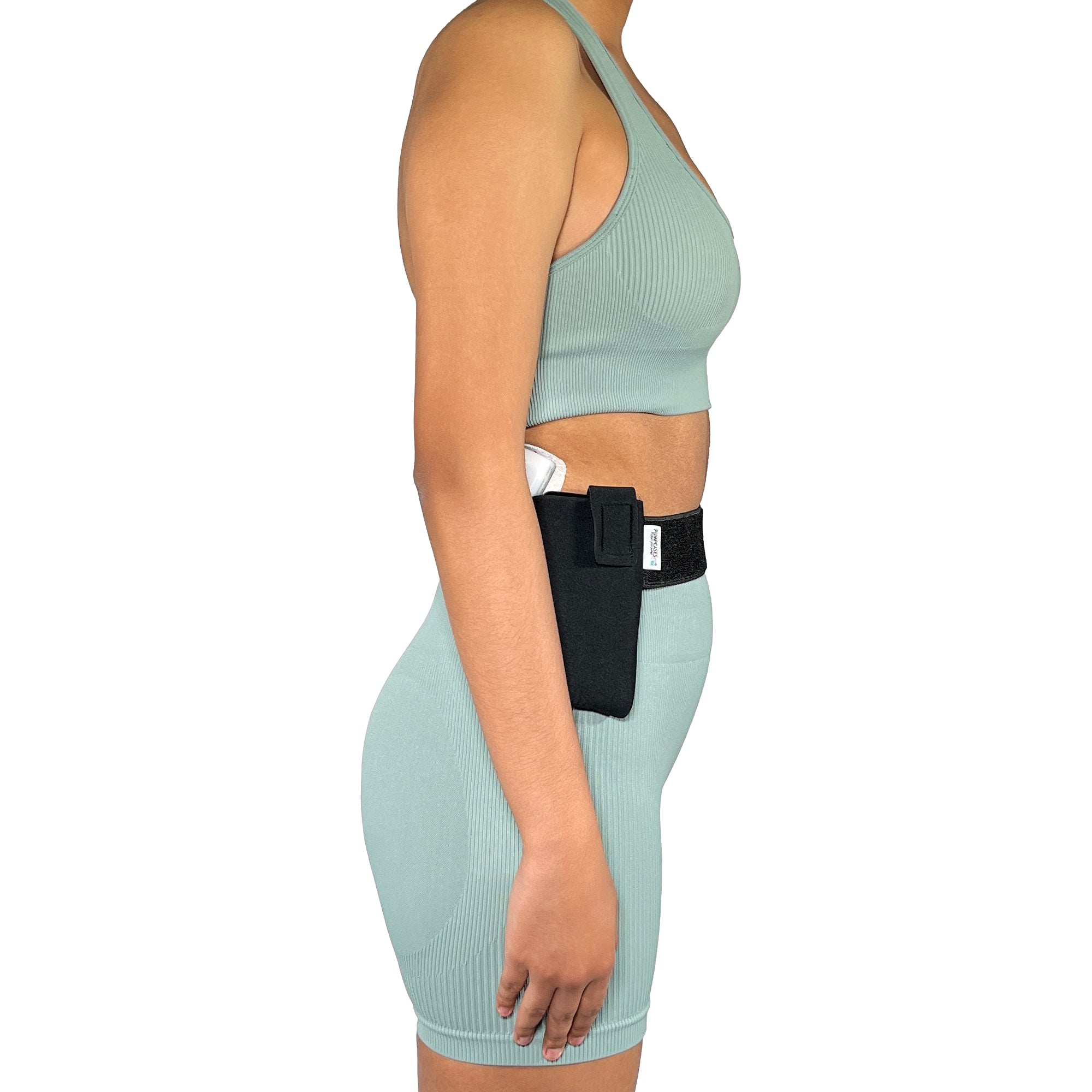 A woman wearing a Pumpcases Omnipod 5 PDM black waist belt case on a white background.